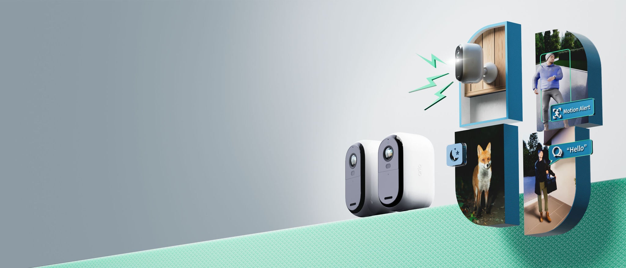  A visual representation of a camera screen split in four shows the 4 in 1  protection offered by the Arlo Essential 2K outdoor security camera to make your home feel safer