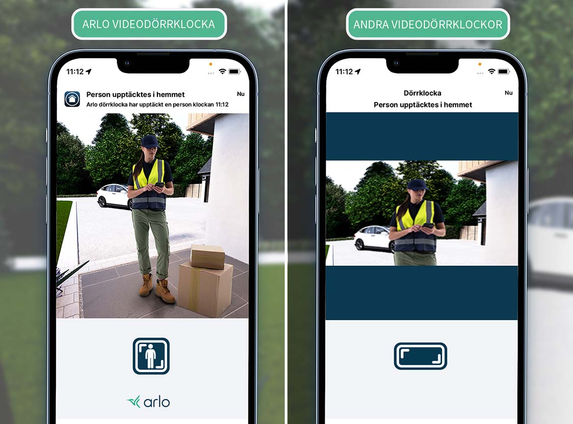 Jämförelse sida vid sida av 2 bilder av en leveransperson vid ytterdörren visar den tydliga 2K-definition du får med Arlo Video Doobells