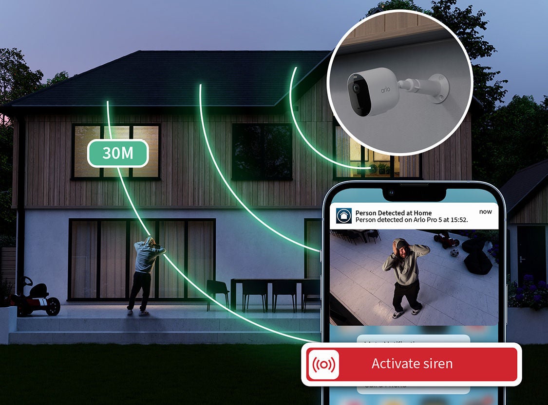  An effect showing the range of the integrated siren on the security camera that can be heard up to 30m.
