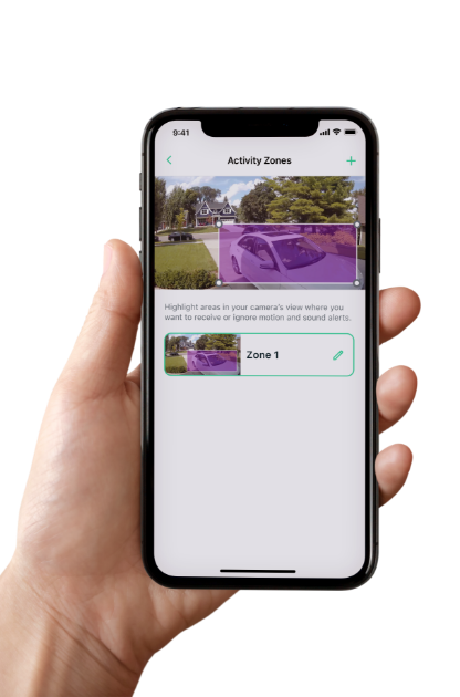  Ett utdrag ur Arlo-applikationen som är tillgänglig via vårt Arlo Secure-abonnemang med funktionalitet för att avgränsa aktivitetszoner. 
